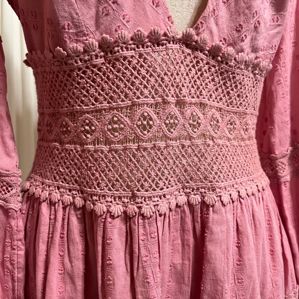 Free People The Delightful Dusty Pink V Neck Tiered Bohemian Mini Dress Size 4 - Picture 6 of 8